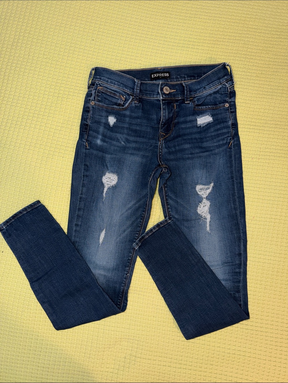 Express Women's Dark Blue Ripped Skinny Jeans Mid Rise